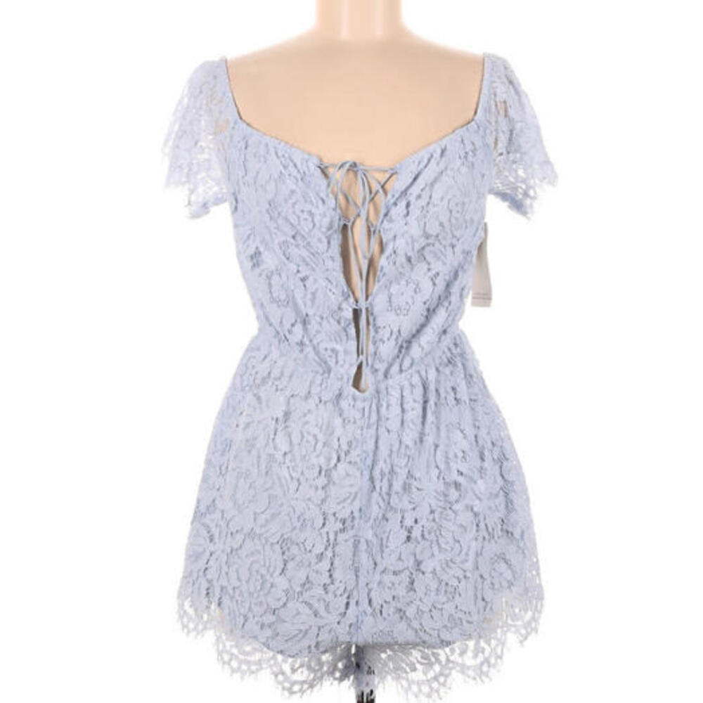 Womens Sky Blue Tobi Lace Ruffle romper off shoulder sleeves flutter Medium